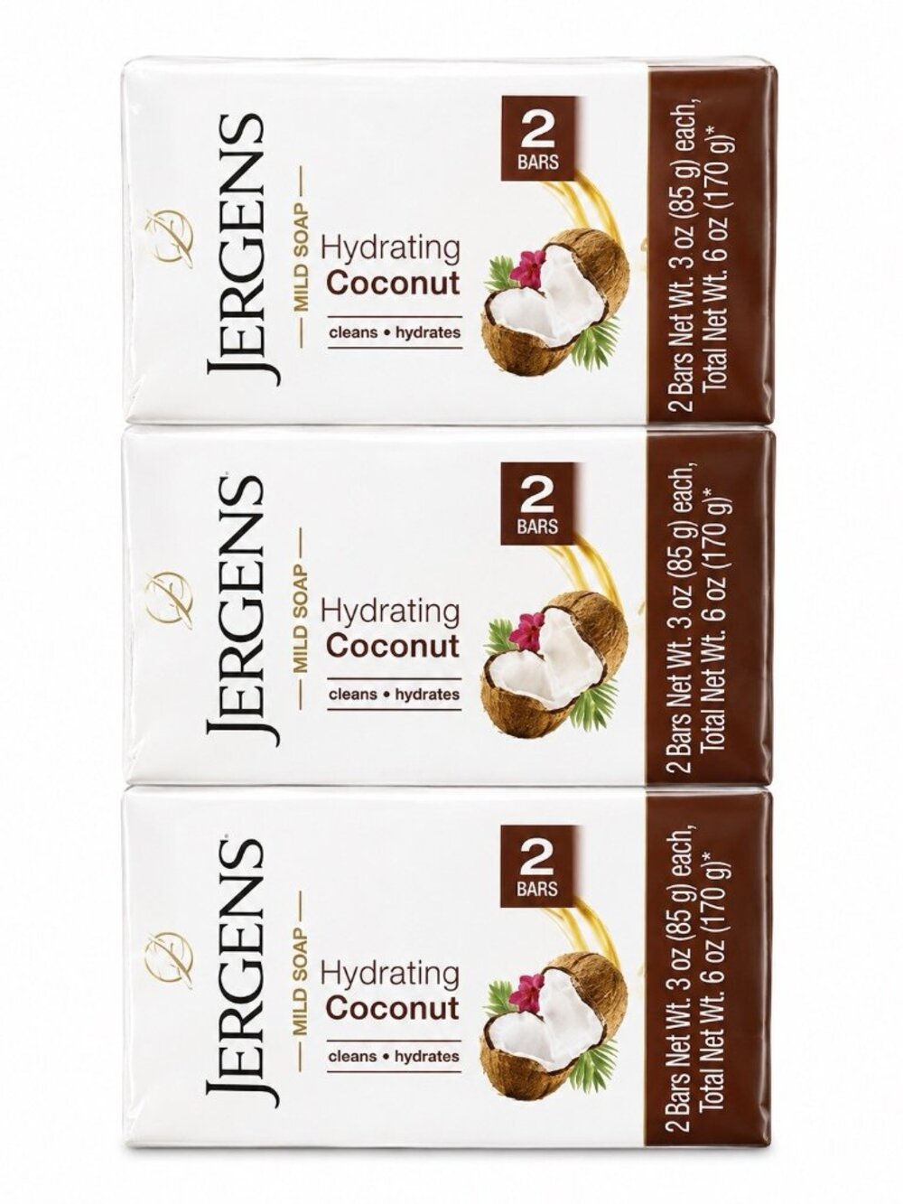 Jergens Mild Soap Hydrating Coconut 3oz Set of 3 Total of 6 Bar Soaps